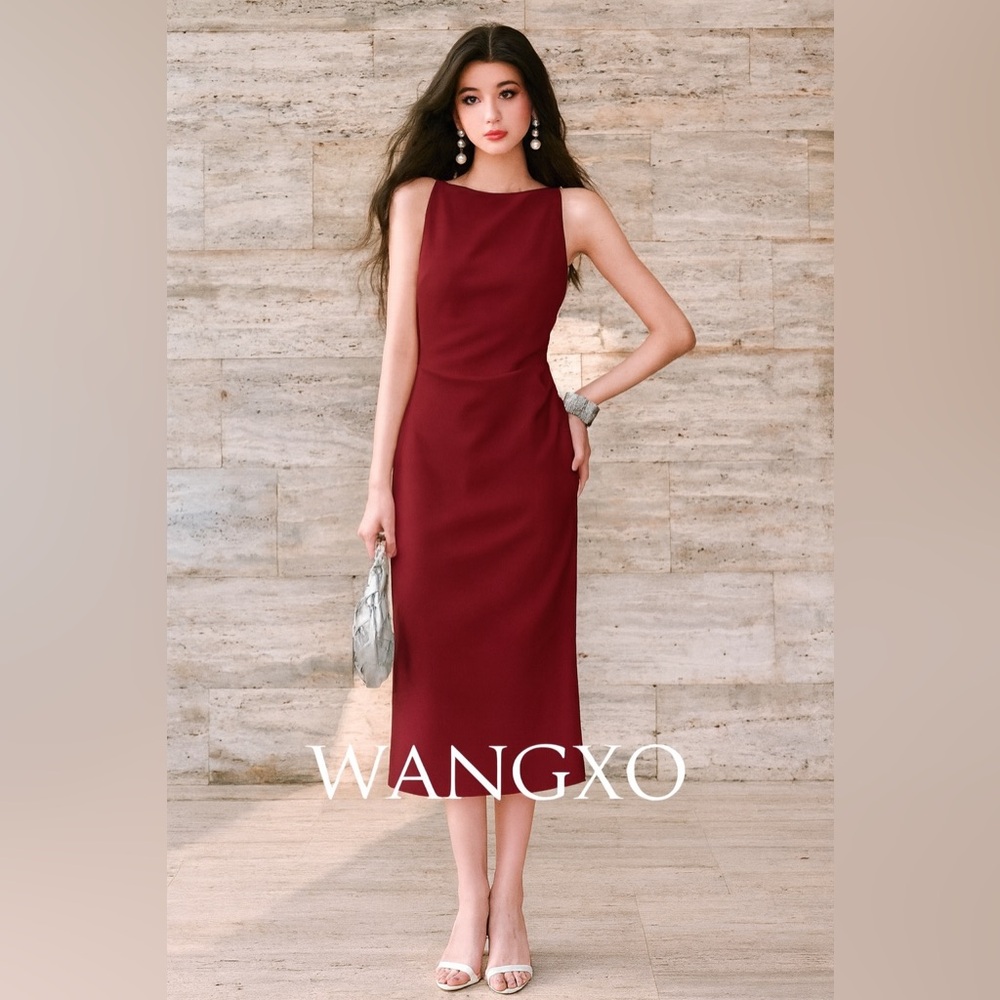 Chic Wine Red Spaghetti Strap Midi Dress